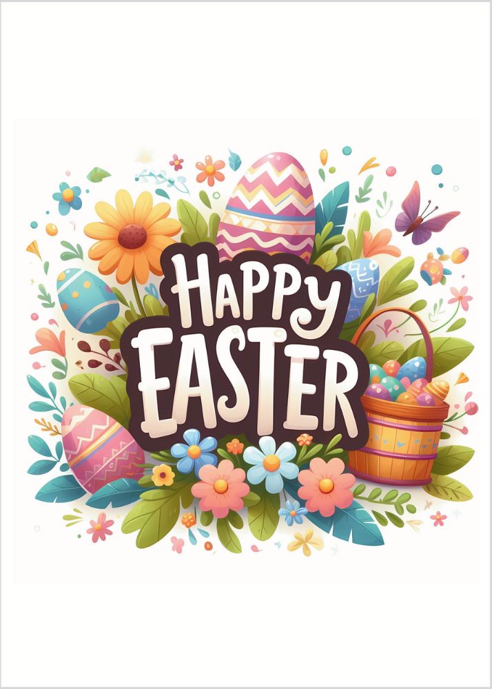 Happy Easter Card with Text and Flowers