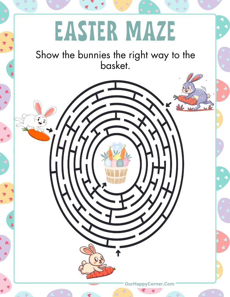 Free Printable Easter Maze of Bunnies Entering Maze in Different Entrances