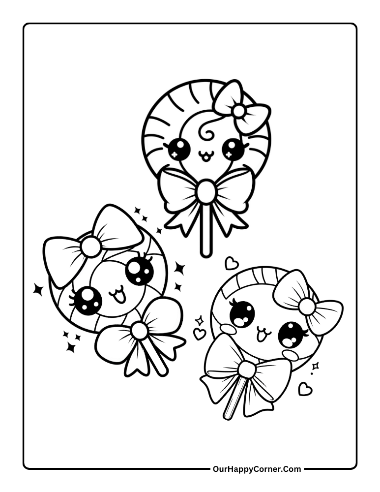 Kawaii Sweet Treats Coloring Page of Lollipops