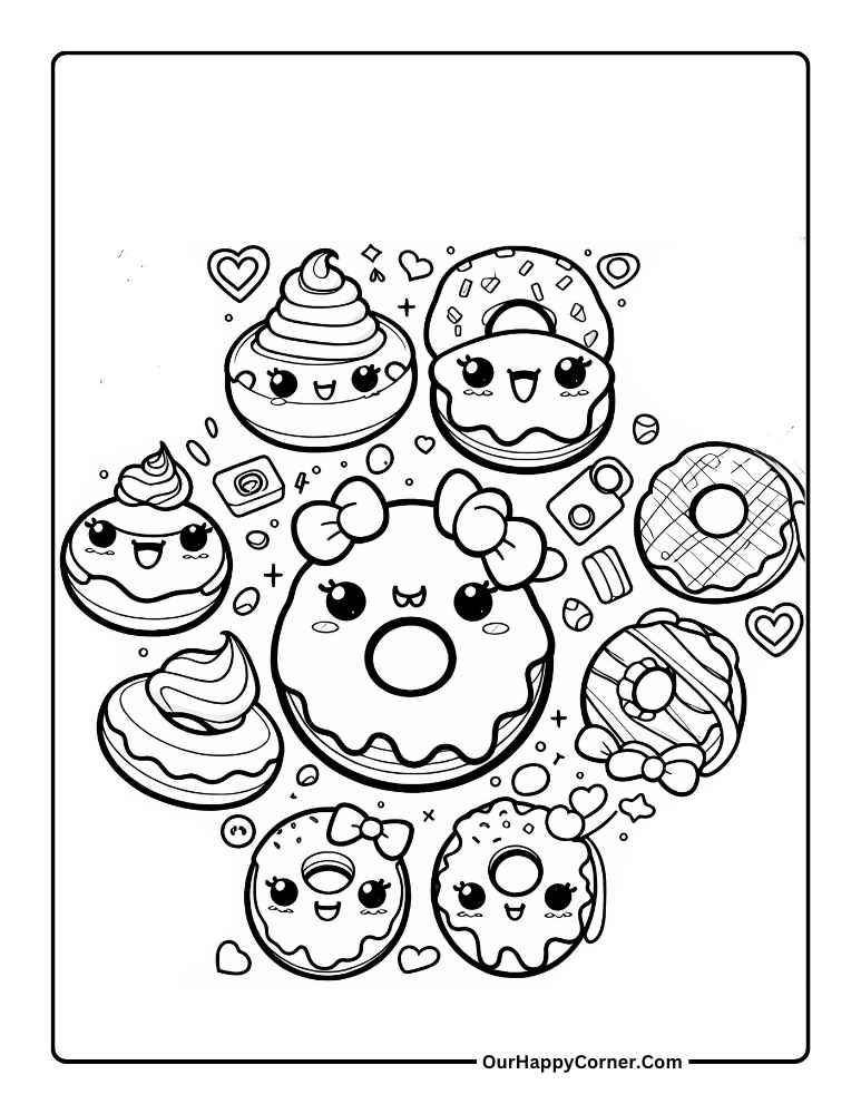 Kawaii Sweet Treats Coloring Page of Donuts