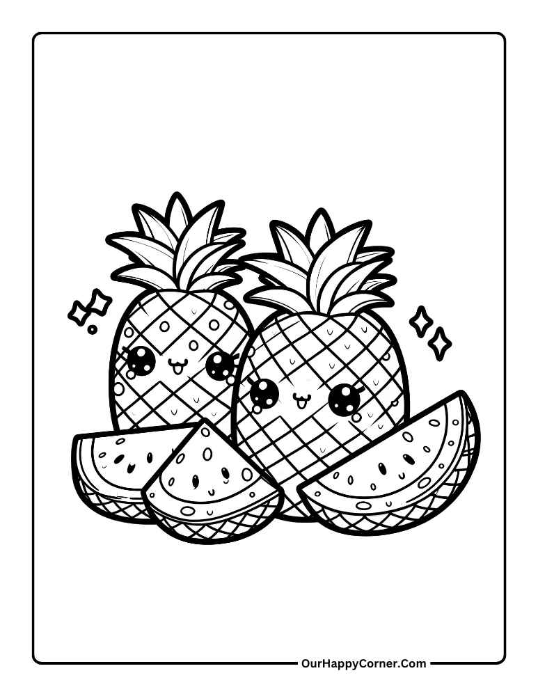 Kawaii Sweet Treats Coloring Page of Pineapple