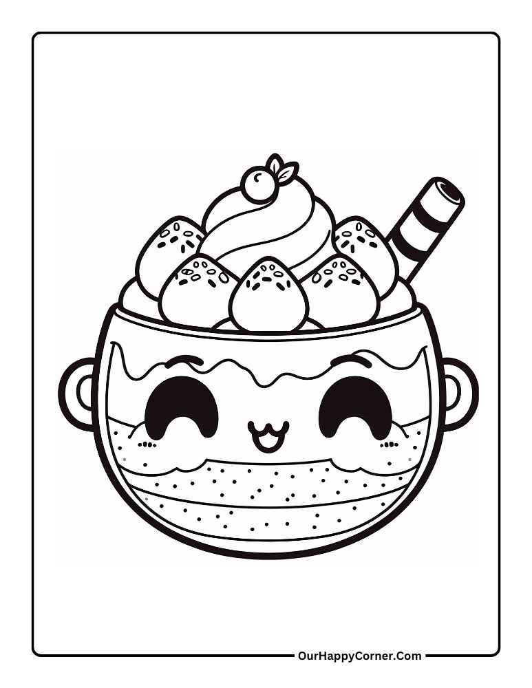 Kawaii Sweet Treats Coloring Page of Tiramisu Cup