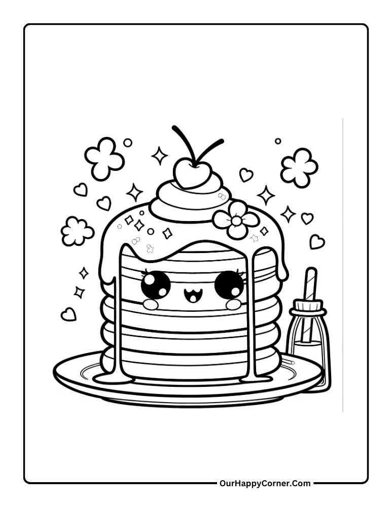 Kawaii Sweet Treats Coloring Page of Pancake with Dripping Maple Syrup