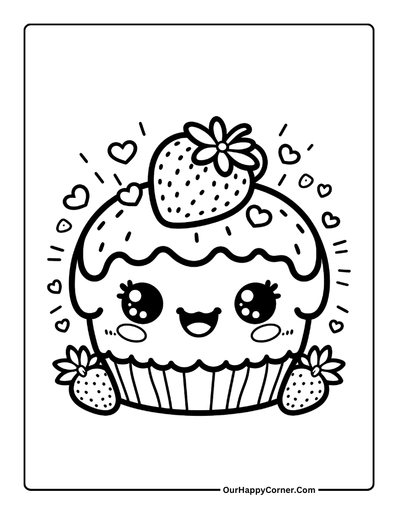 Kawaii Sweet Treats Coloring Page of Strawberry Shortcake