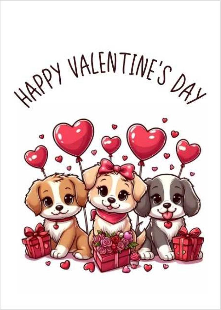 Happy Valentine's Day Card with Puppies Holding Hearts Balloons