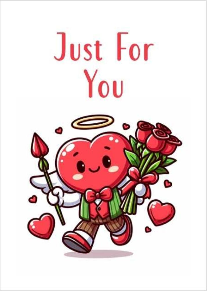 Free Printable Valentine's Day Card of Cupid with Heart Heart Holding Flowers and an Arrow