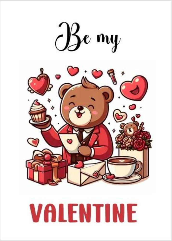 Free Printable Valentine's Day Card of Be My Valentine Bear Reading Love Note