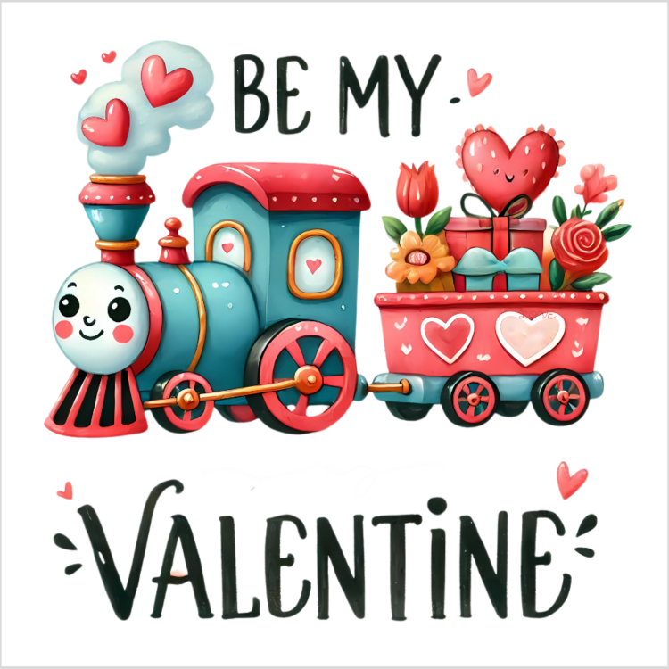 Valentine train with hearts and flowers.

