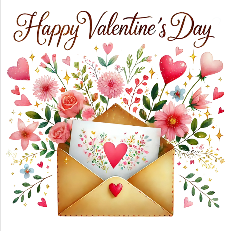 Floral envelope with hearts Valentine card.

