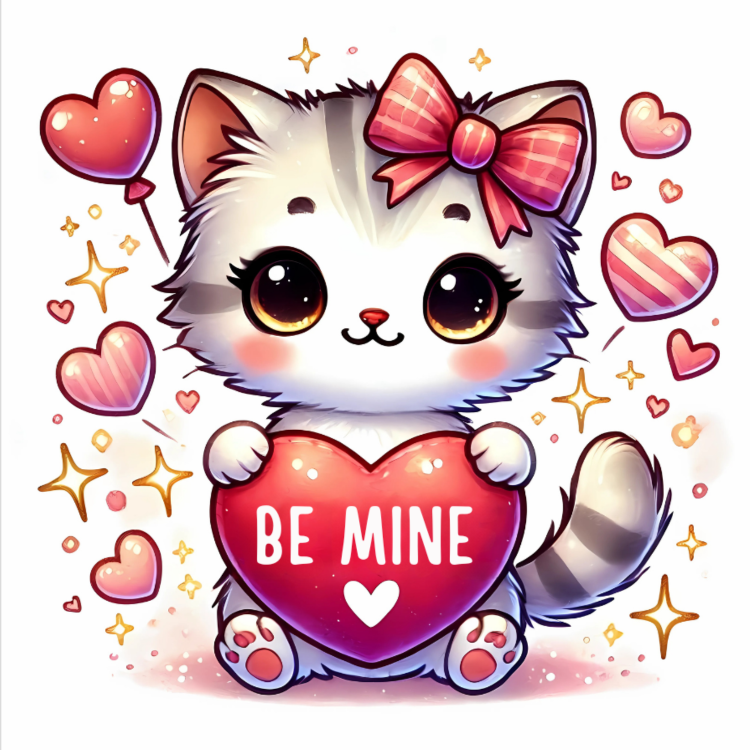 Kitten with a "Be Mine" heart Valentine card.

