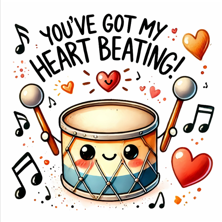 Smiling drum with musical notes and hearts card