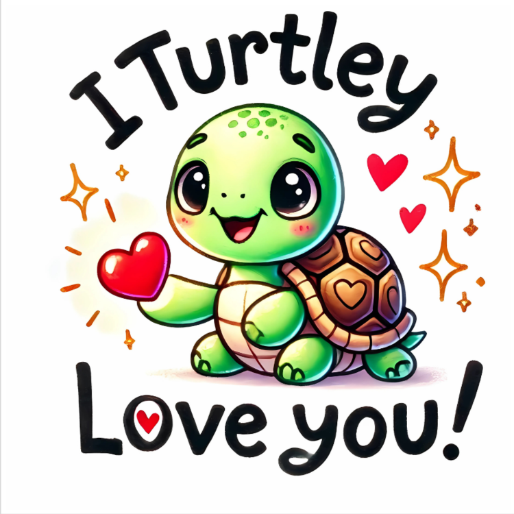 Smiling turtle with a heart card.

