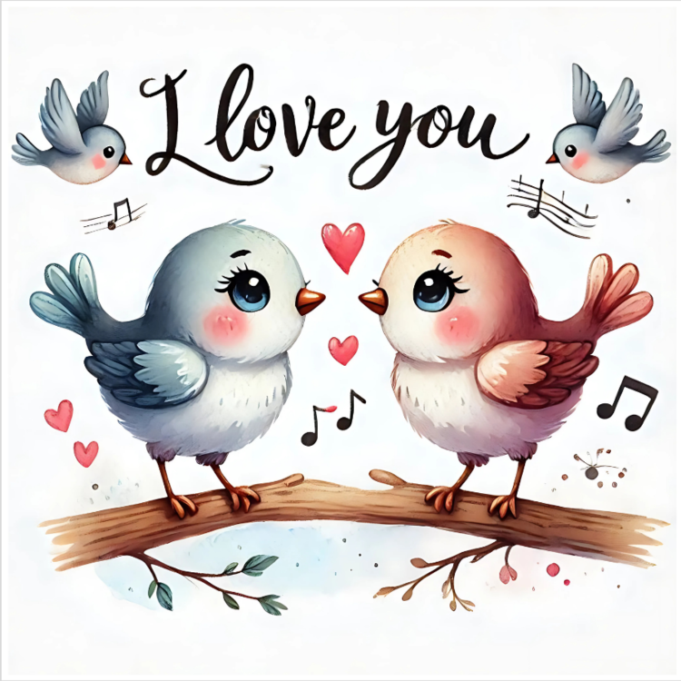 Lovebirds with hearts and musical notes printable Valentine's day cards.
