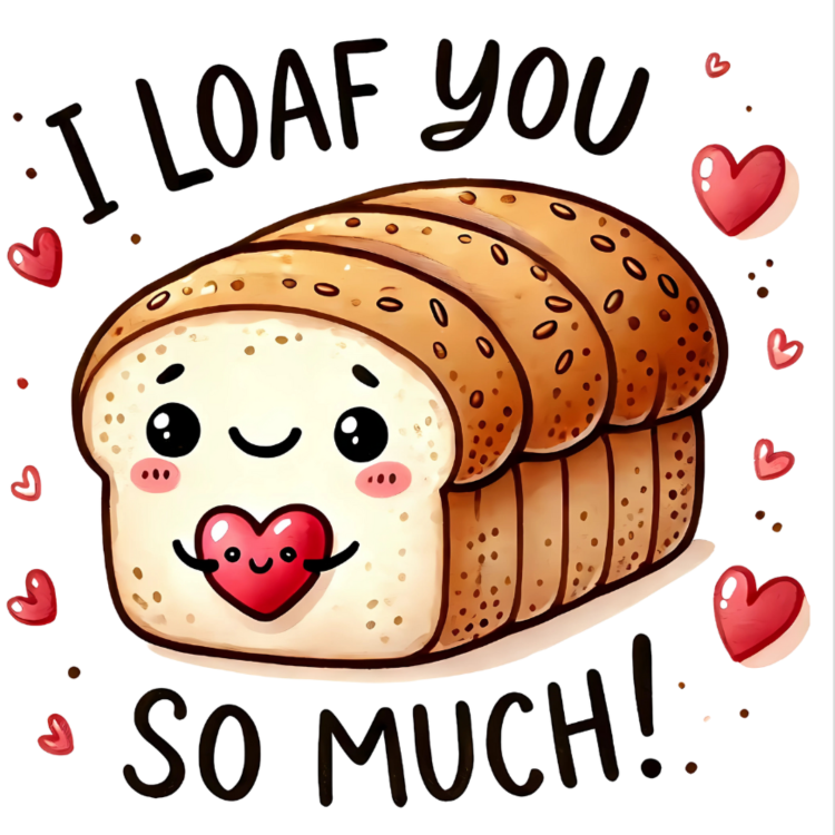 Smiling loaf of bread with a heart Valentine's day card.

