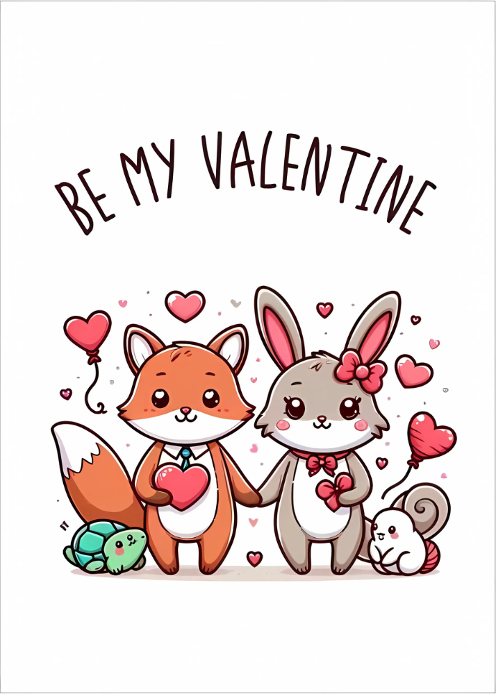 Fox and bunny Valentine card with hearts.

