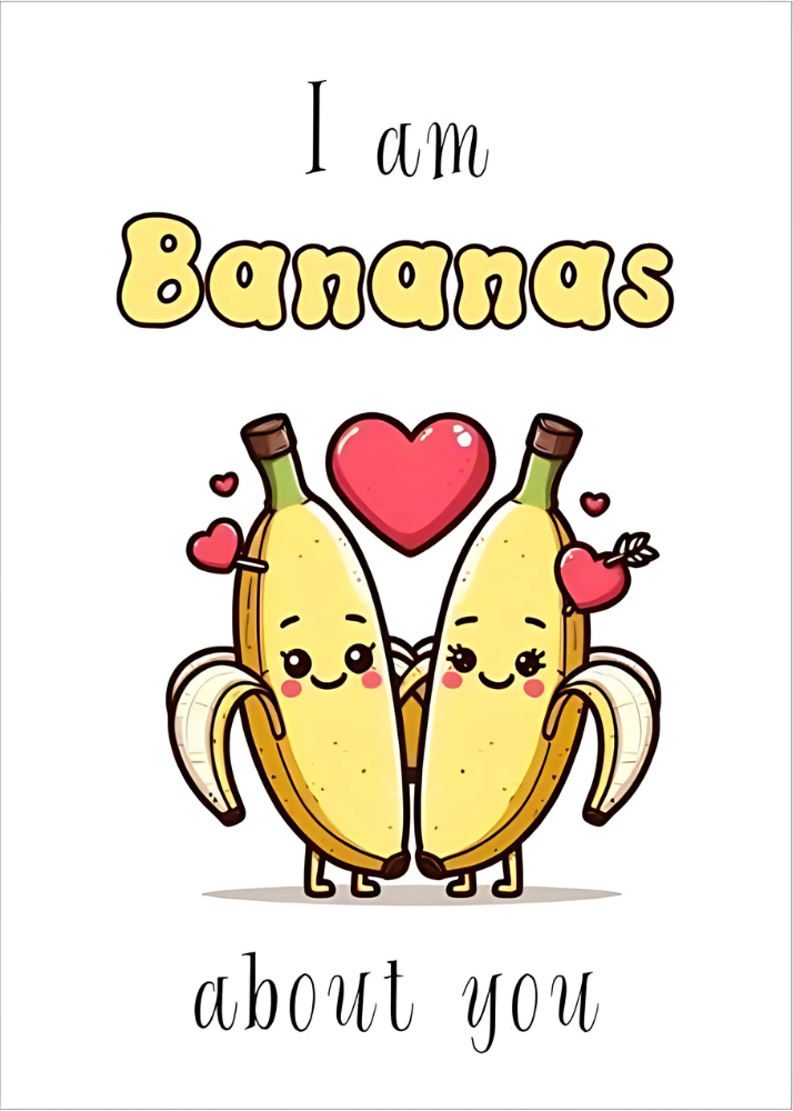 Two bananas with hearts card.

