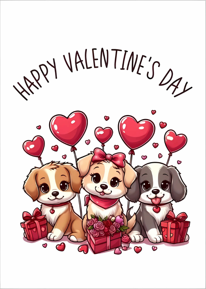 Three puppies with heart balloons Valentine's day cards.

