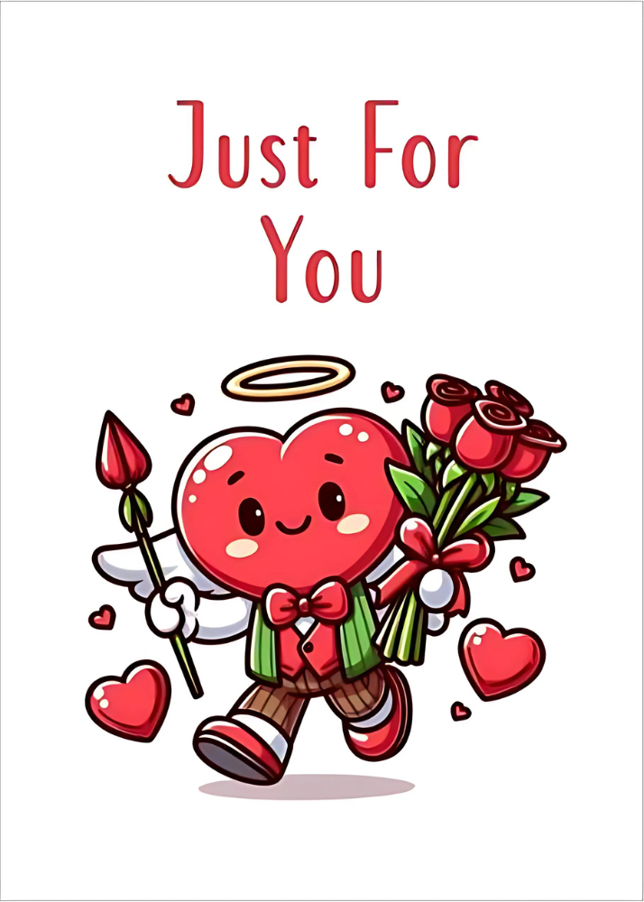 Heart character with roses Valentine card.

