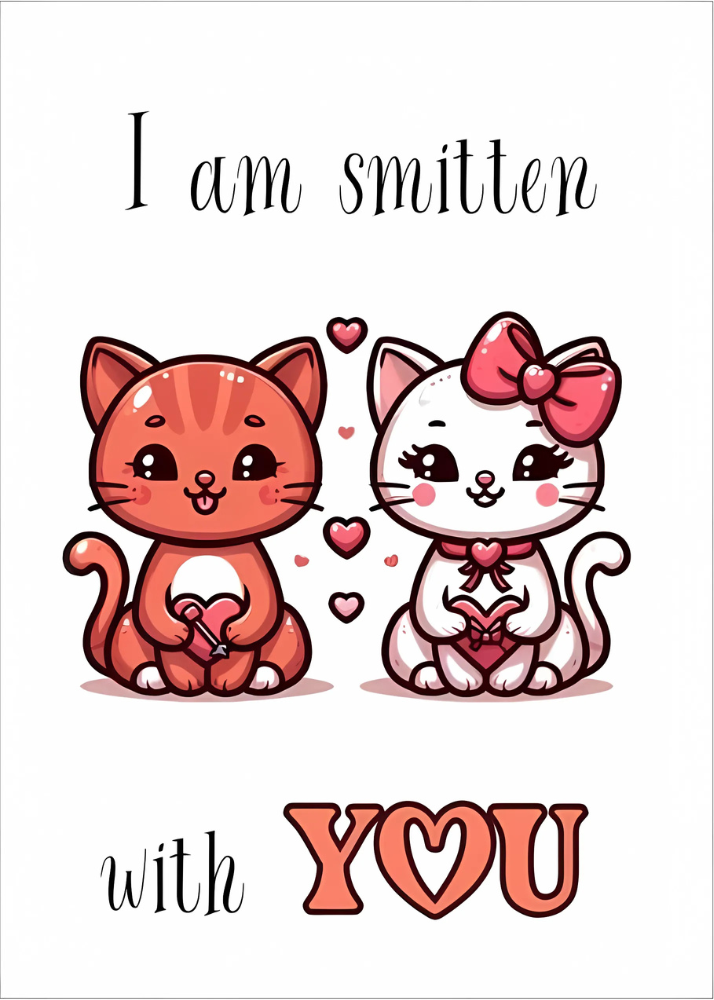 Two cats with hearts Valentine card.

