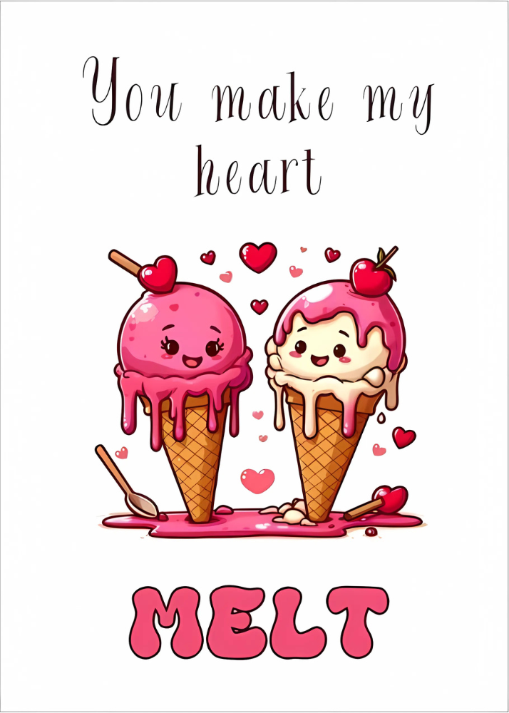 Ice cream cones Valentine's day cards with melting hearts.

