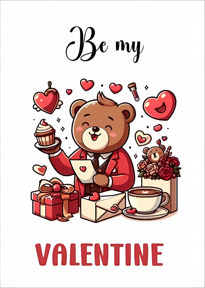 Teddy bear with gifts and hearts  card.
