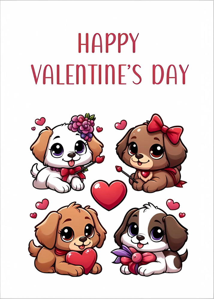 Four puppies with Valentine hearts and flowers.

