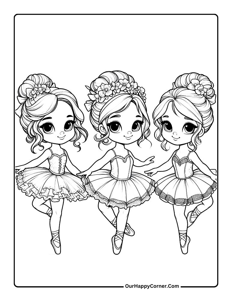 Three Ballerina Girls Coloring Page
