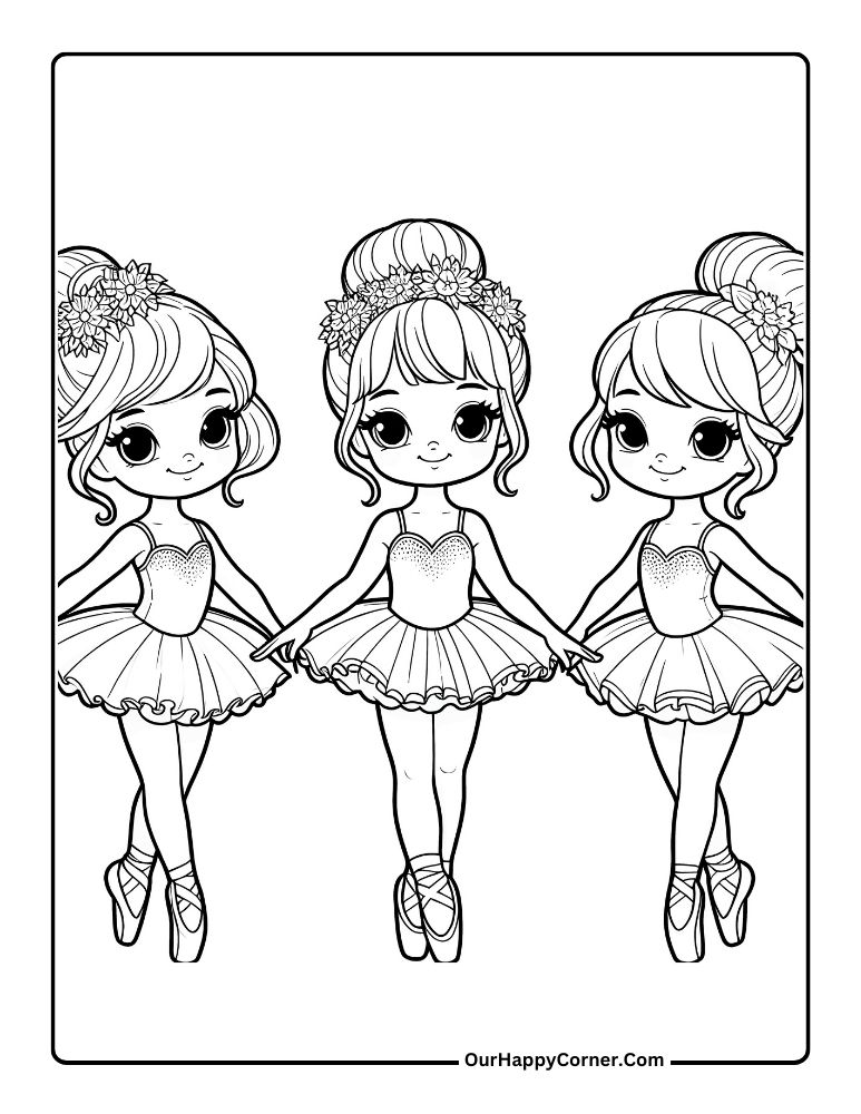 Coloring Page of Three Ballerina Girls