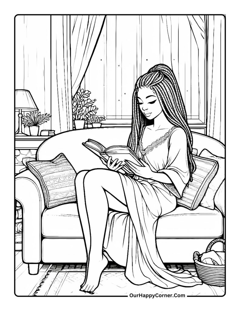 African Woman in nightgown reading on the couch.