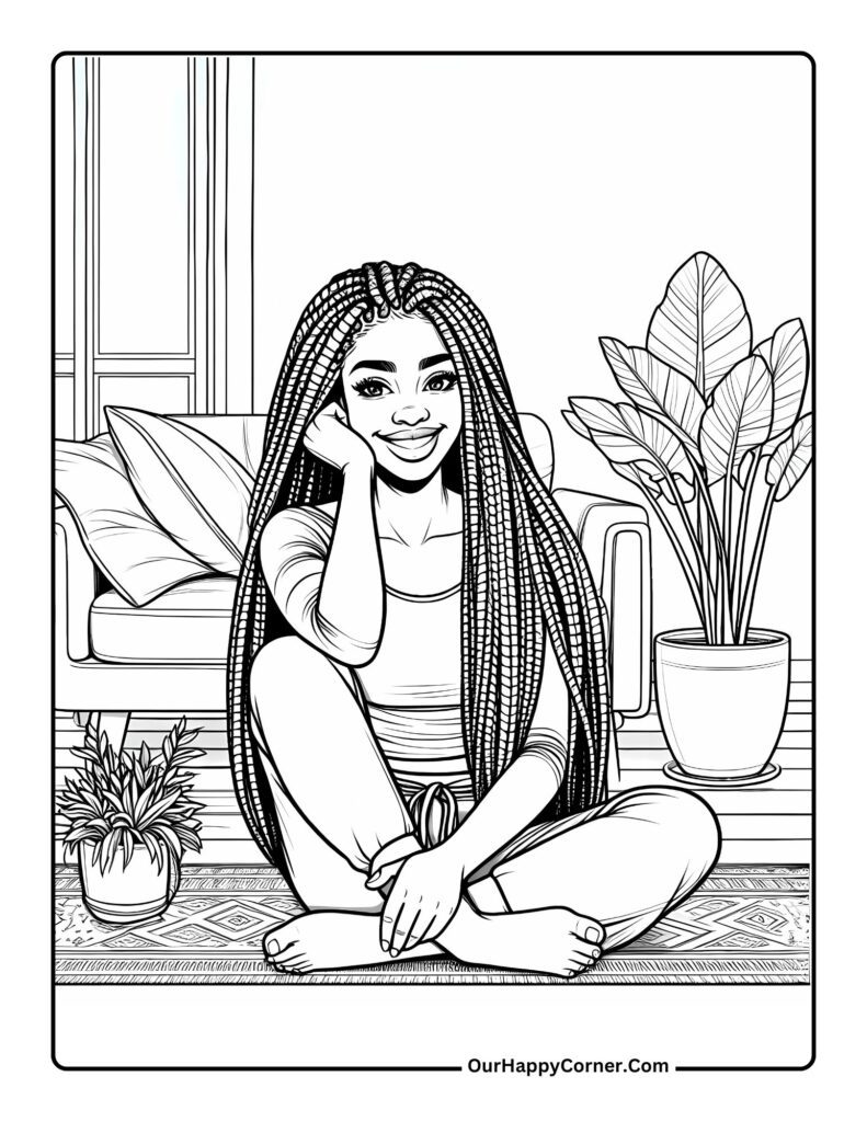 Smiling Black girl with braids sitting on floor.