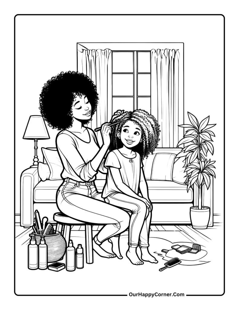 African Mother doing daughter’s hair in living room.