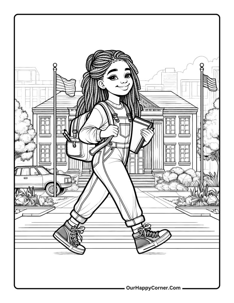 Black Girl with braids walking to school holding books.
