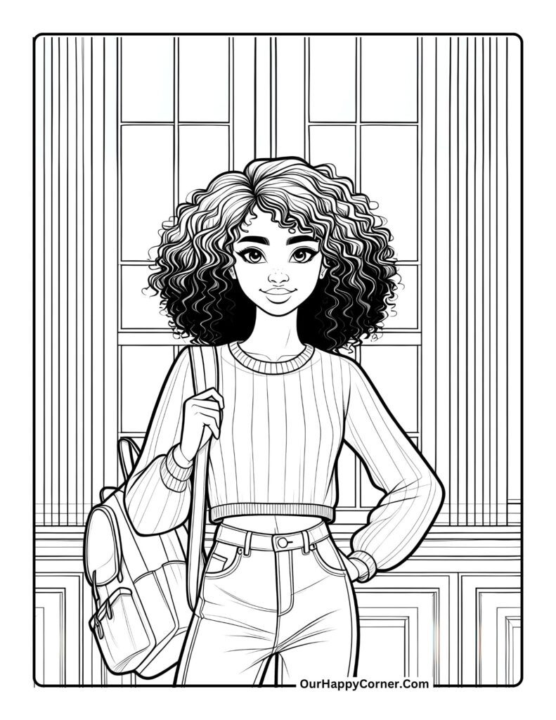 Black Girl with curly hair and backpack in front of building.