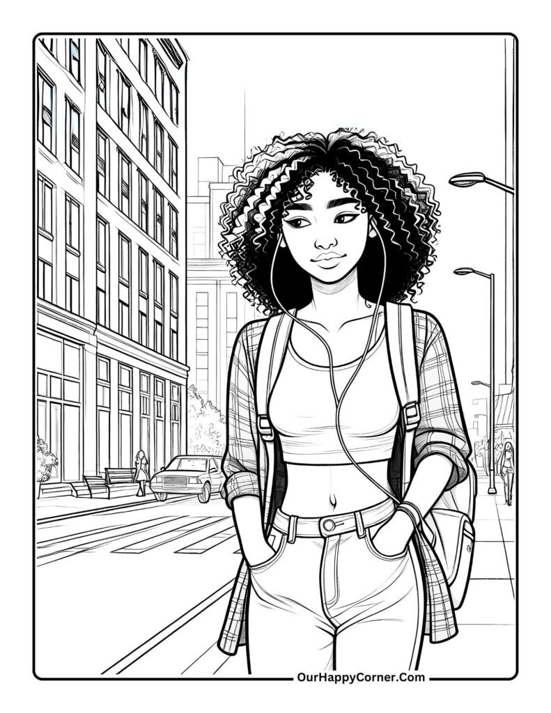 African girl walking in city with headphones and backpack.