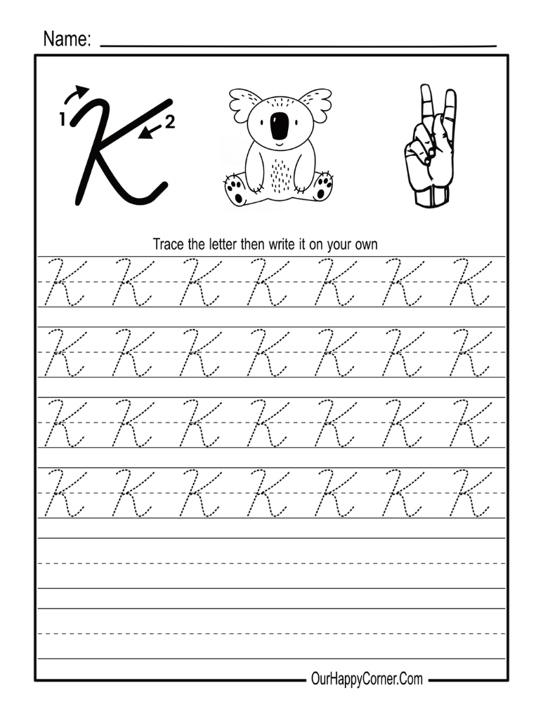 Cursive Alphabet Letter K with Koala