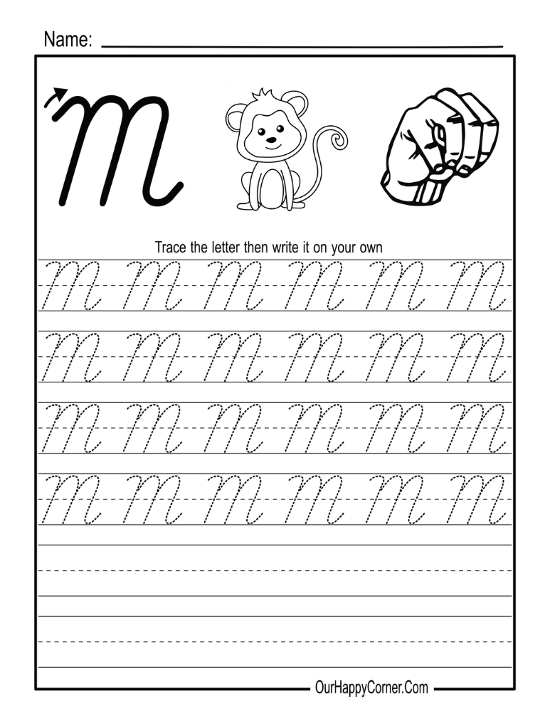 Cursive Alphabet Letter M with a Monkey