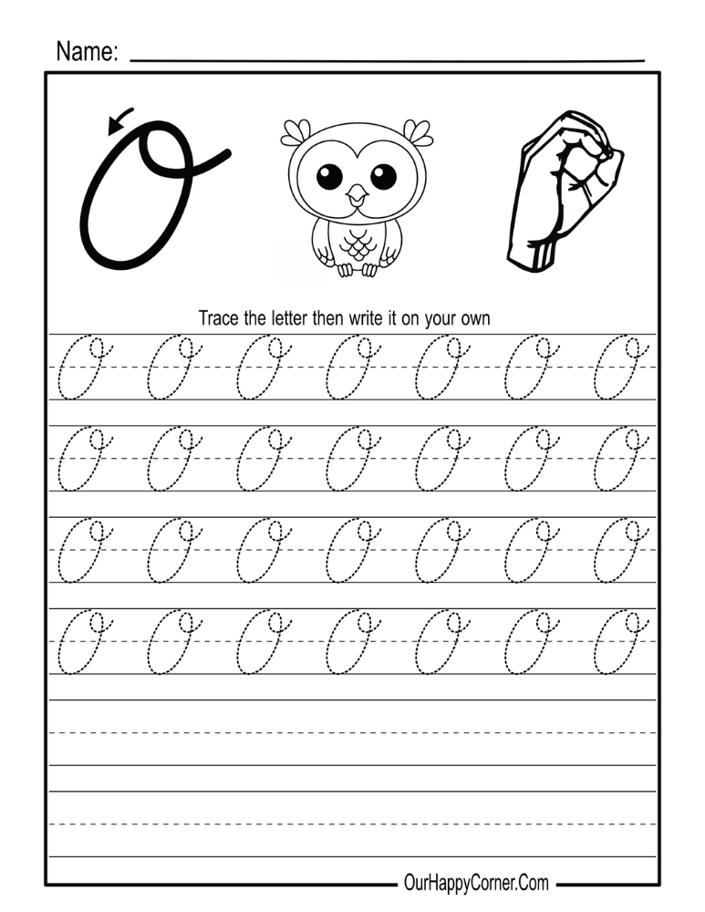 Cursive Alphabet Letter O with an Owl