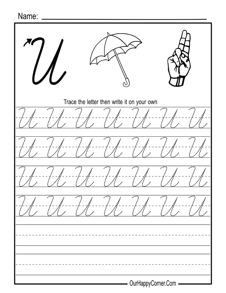 Letter U for Umbrella in Cursive