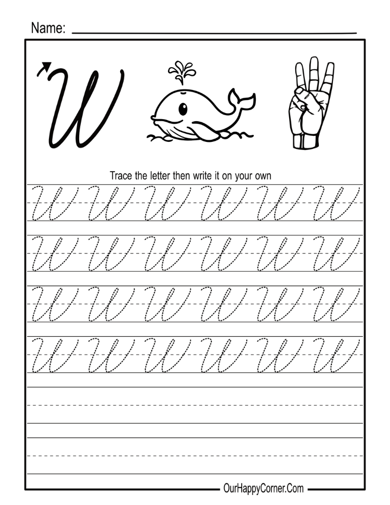 Letter W for Whale in Cursive Writing