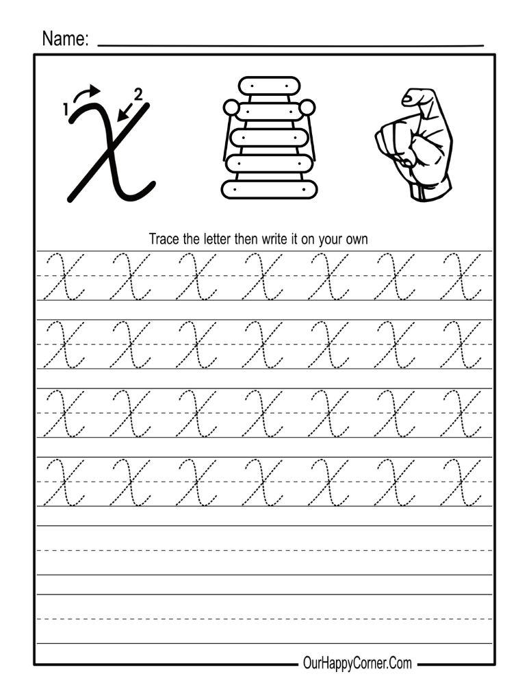 Letter X for Xylophone in Cursive