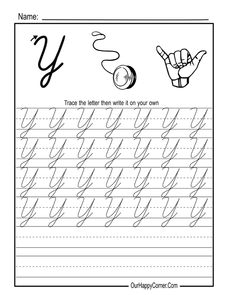 Letter Y for Yoyo in Cursive Handwriting