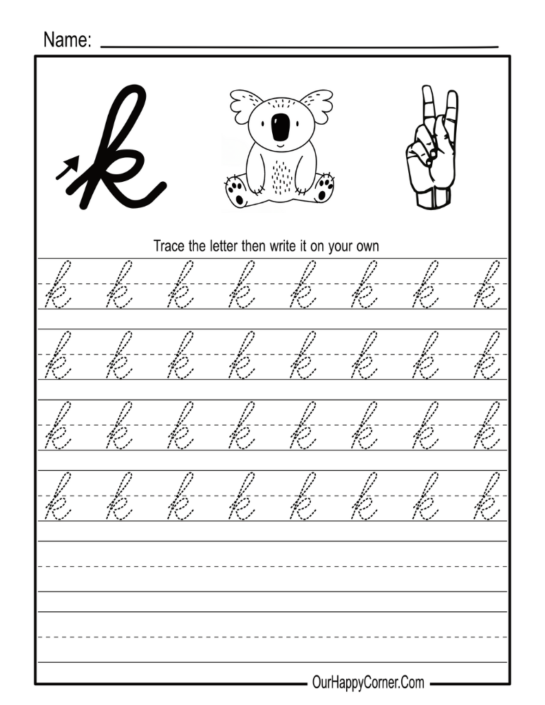 Lowercase Cursive Alphabet Letter K with Koala