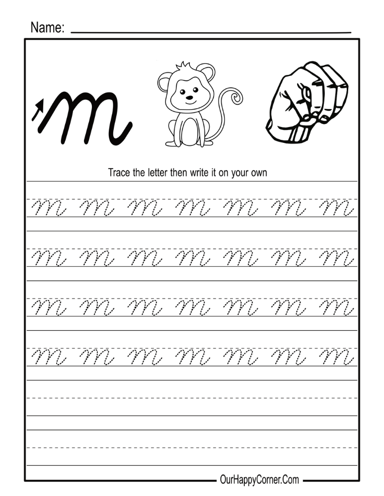 Lowercase Cursive Alphabet Letter M with a Monkey