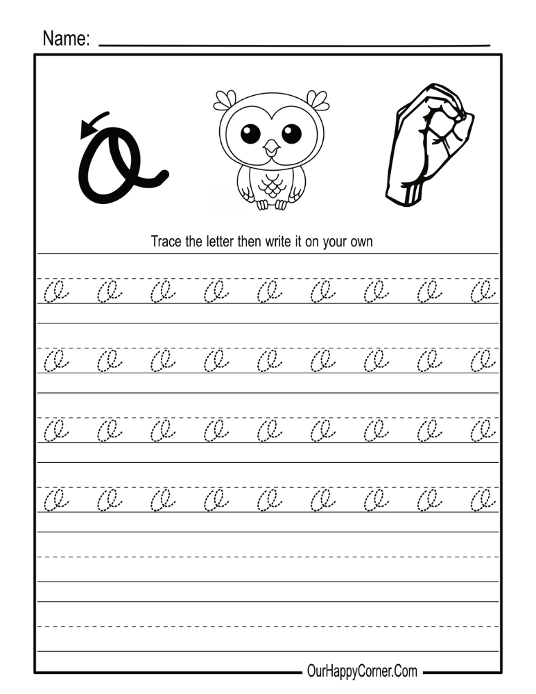Lowercase Cursive Alphabet Letter O with an Owl