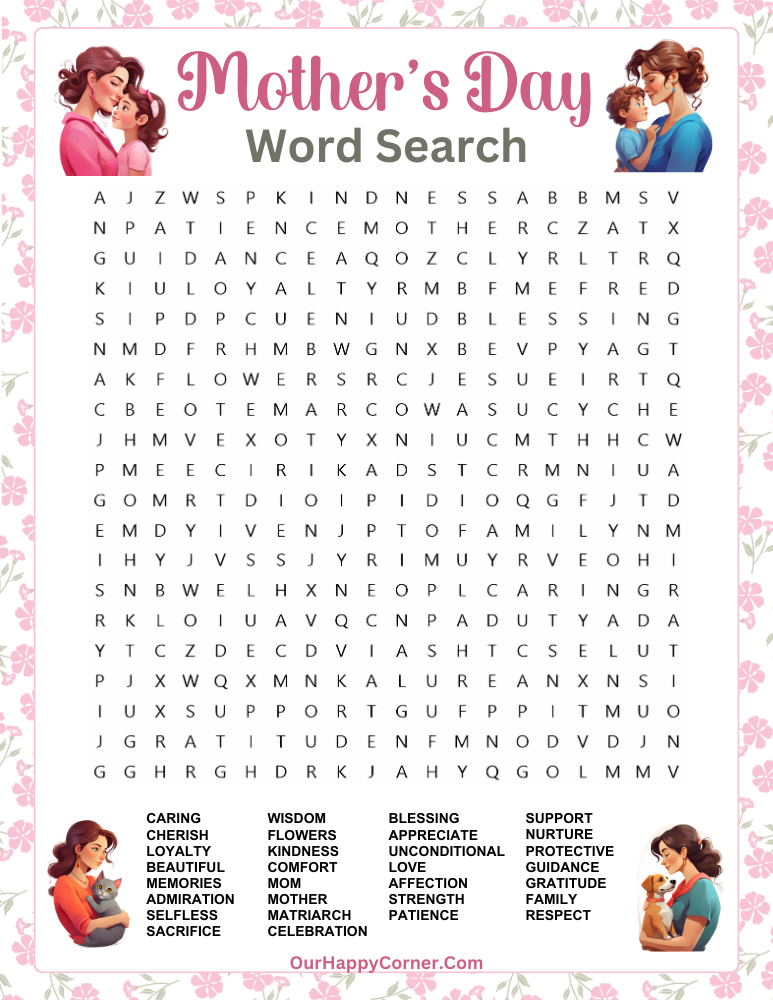 Mother's Day Word Search Printable with Images of a Mother with Daughter Son Cat and Dod