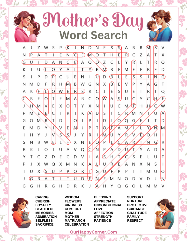 Mother's day Word Search Answer Key