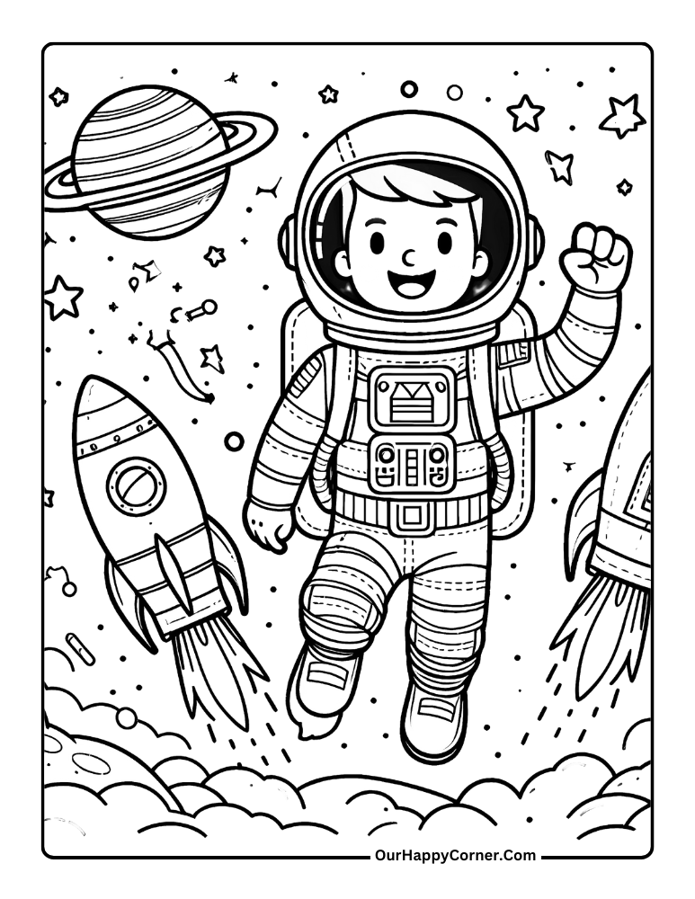 Astronaut surrounded by planets and rockets
