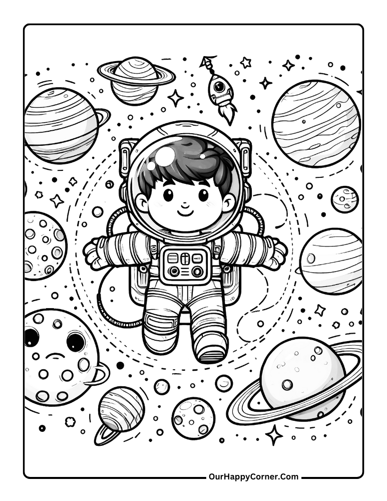 Astronaut Coloring Page of Astronaut floating around planets