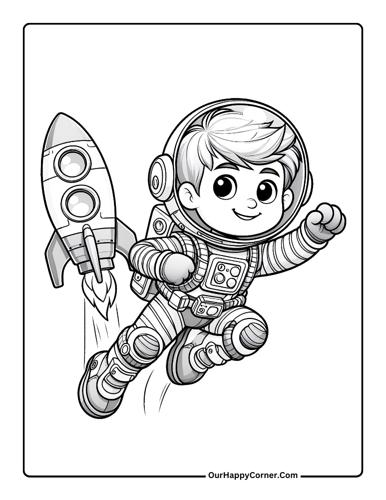 Astronaut boy flying in space. Rocket behind 