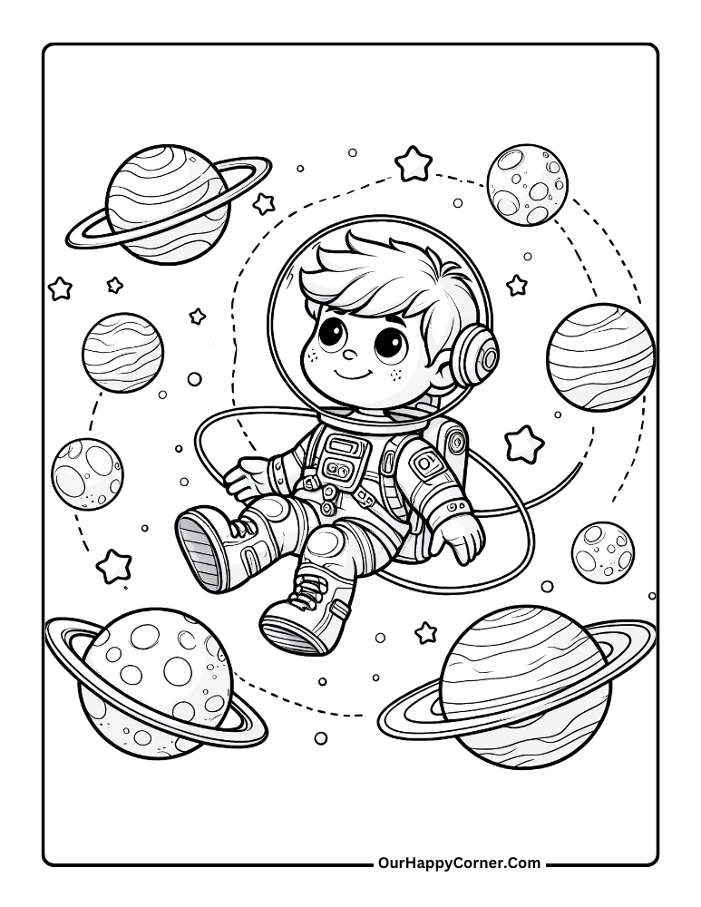 Astronaut Coloring Page of Boy surrounded by Planets